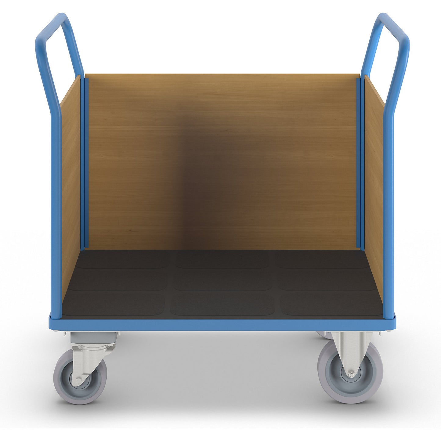 Platform truck with wooden panels, with 3 full height panels, centre stop, LxW 1150 x 700 mm, solid elastic.