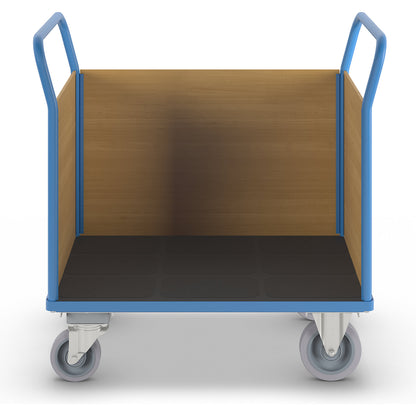 Platform truck with wooden panels, with 3 full height panels, centre stop, LxW 1150 x 700 mm, solid elastic.