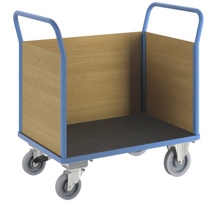 Platform truck with wooden panels, with 3 full height panels, centre stop, LxW 1150 x 700 mm, solid elastic.