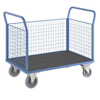 Platform truck with mesh panels, 3 high mesh panels, with centre stop, LxW 1350 x 800 mm.
