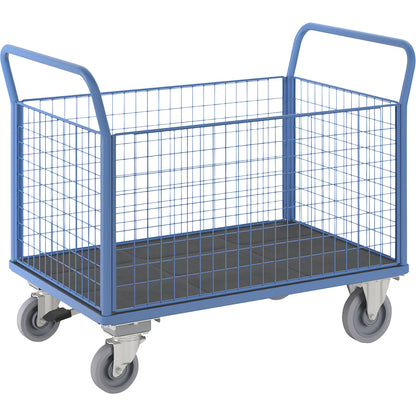 Platform truck with mesh panels, 4 high mesh panels, with centre stop, LxW 1350 x 800 mm.