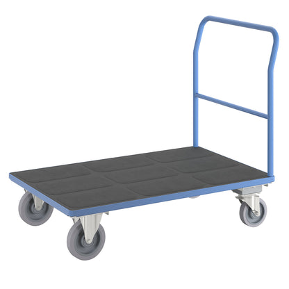 Platform truck with mesh panels, tubular push handle, with centre stop, LxW 1300 x 800 mm, light blue.