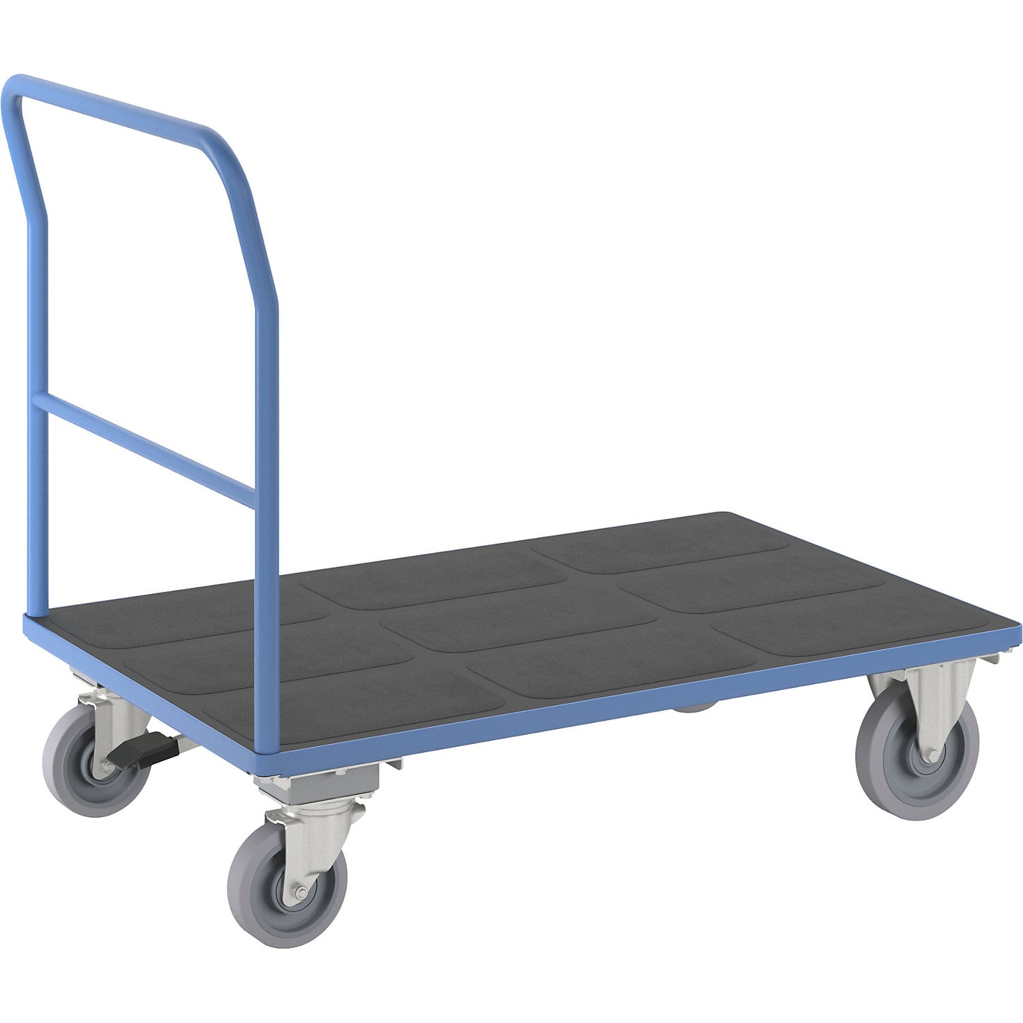 Platform truck with mesh panels, tubular push handle, with centre stop, LxW 1300 x 800 mm, light blue.
