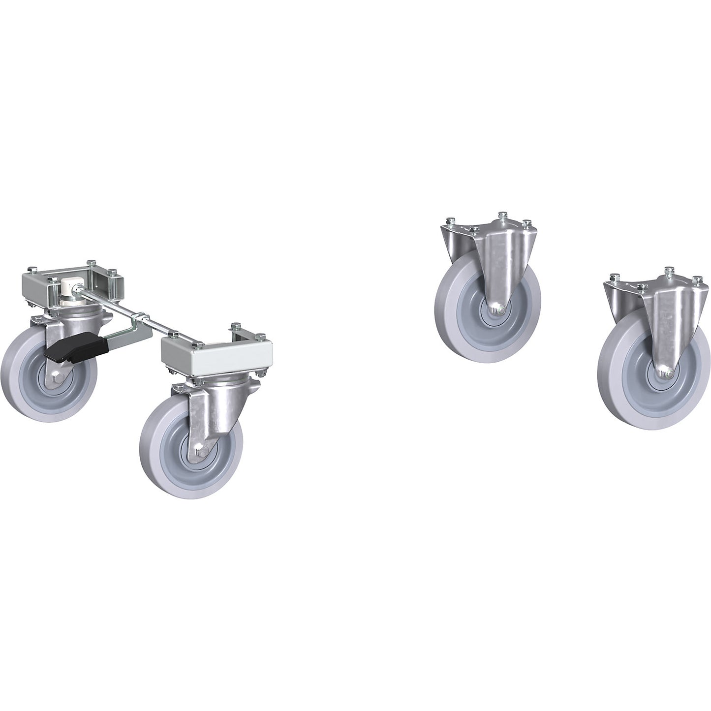 Centre stop castor set, max. load 300 kg, wheel Ø 160 / 200 mm, for frame width 800 mm.