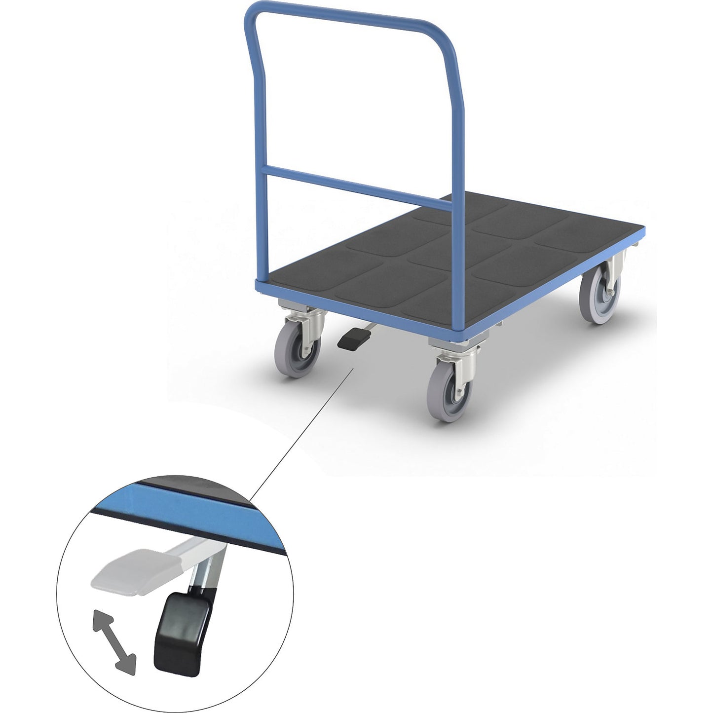 Steel dolly, for Euro pallets, with centre stop, loading height 650 mm.