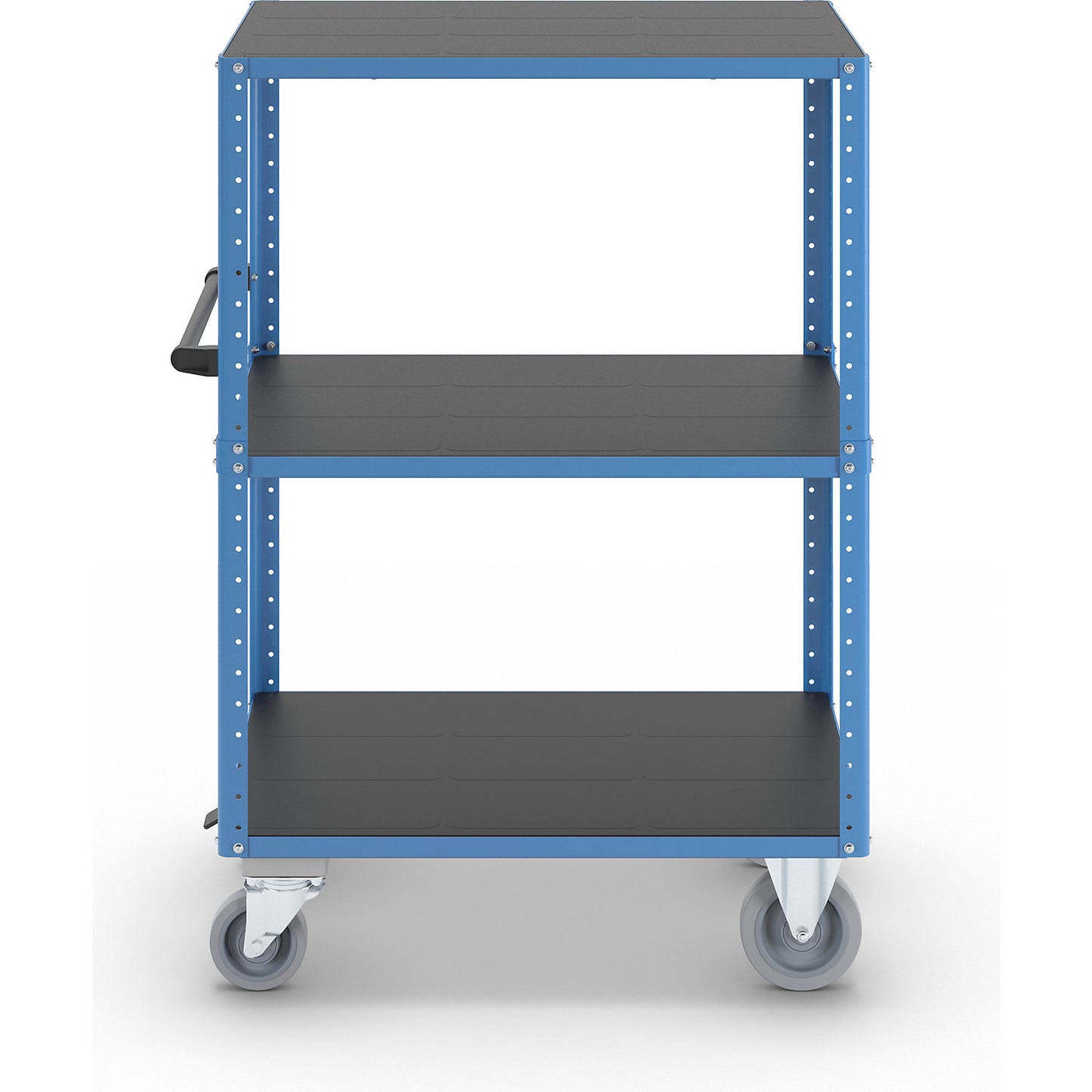 CustomLine shelf truck, open on 4 sides, 3 levels, with centre stop, light blue RAL 5012.