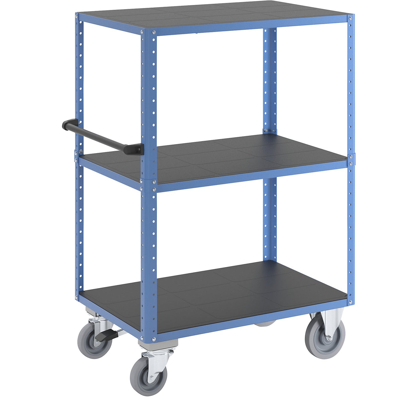 CustomLine shelf truck, open on 4 sides, 3 levels, with centre stop, light blue RAL 5012.
