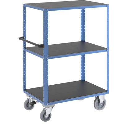 CustomLine shelf truck, open on 4 sides, 3 levels, with centre stop, light blue RAL 5012.