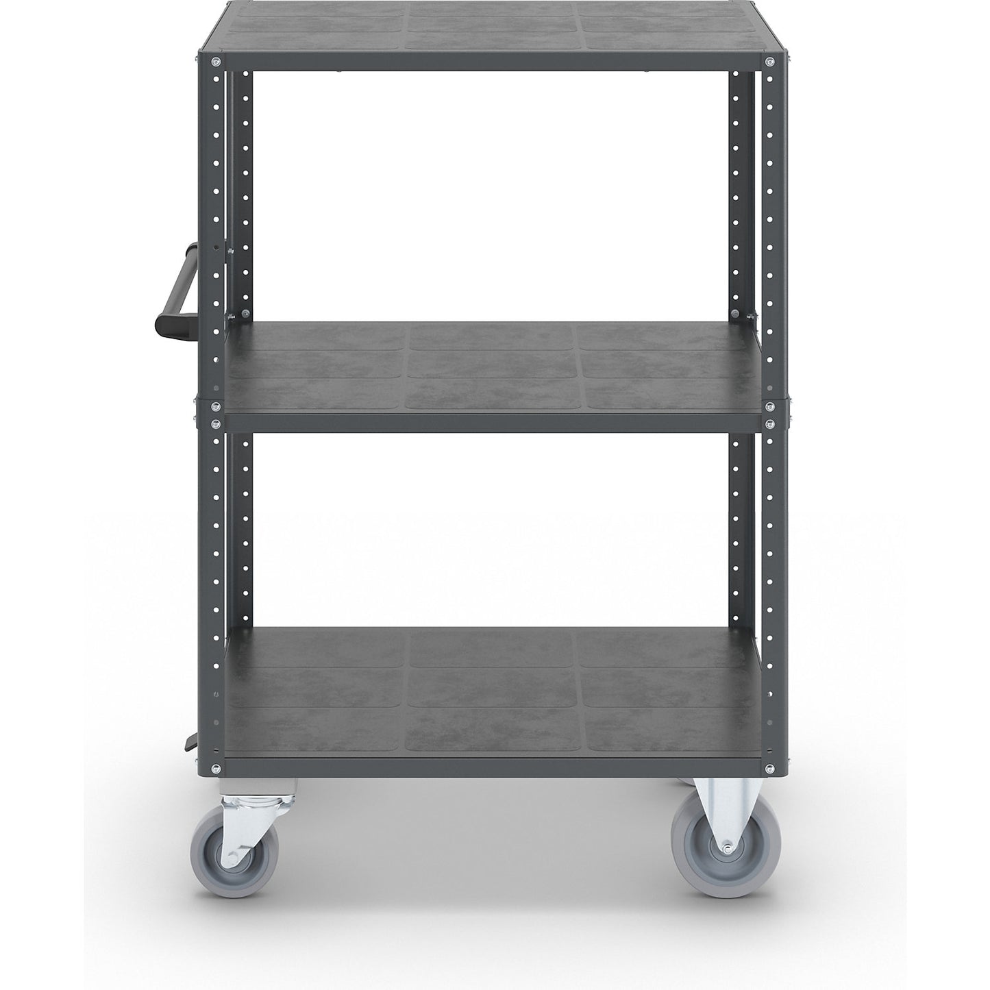 CustomLine shelf truck, open on 4 sides, 3 levels, with centre stop, charcoal RAL 7016.