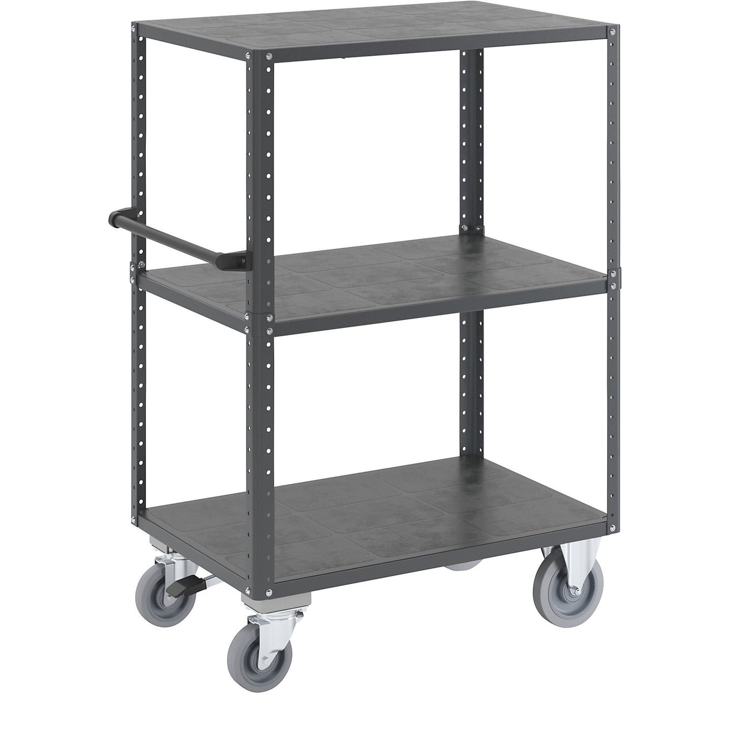 CustomLine shelf truck, open on 4 sides, 3 levels, with centre stop, charcoal RAL 7016.