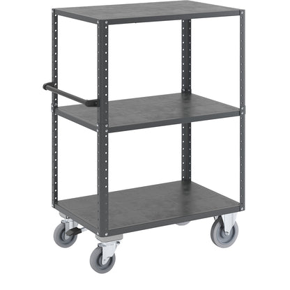 CustomLine shelf truck, open on 4 sides, 3 levels, with centre stop, charcoal RAL 7016.