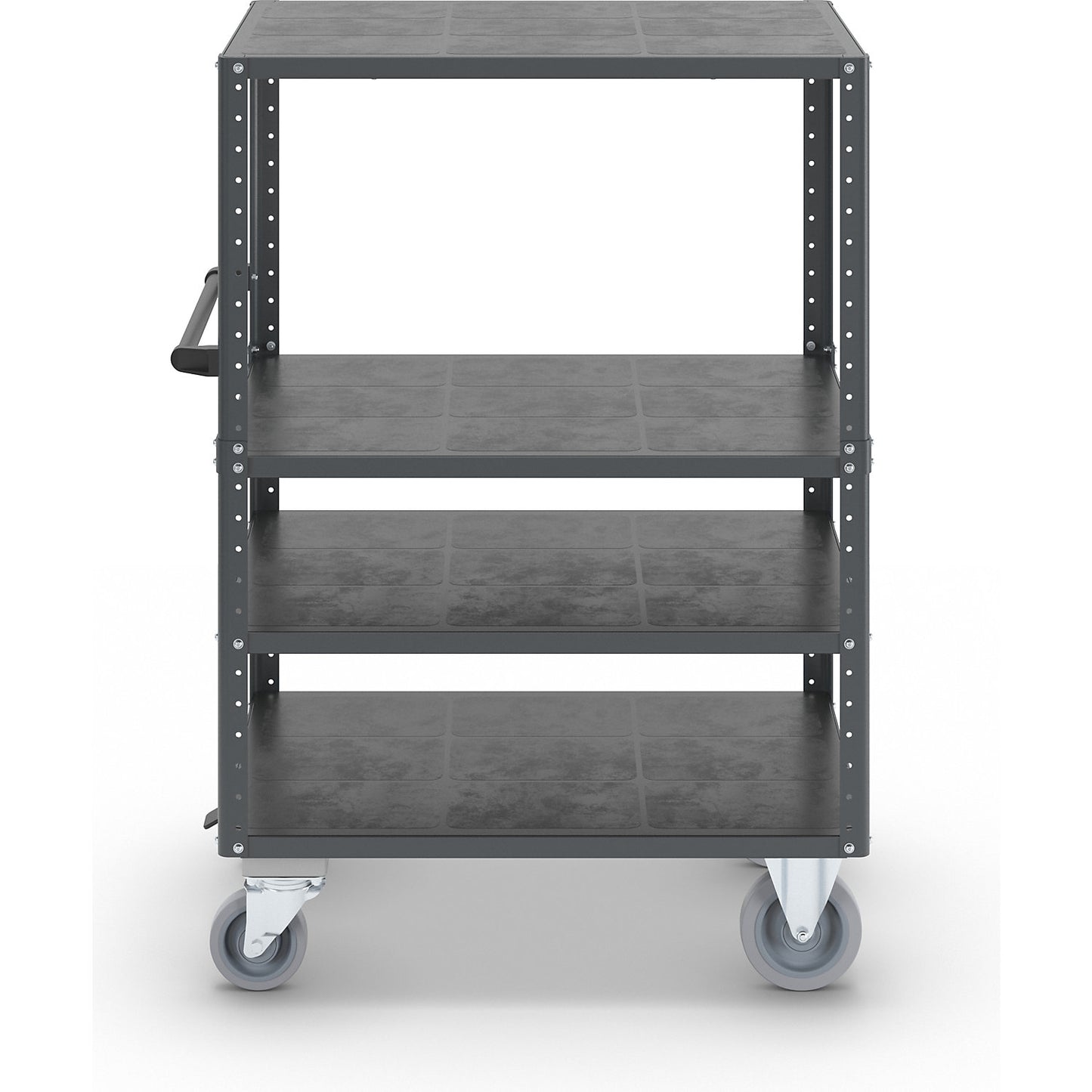 CustomLine shelf truck, open on 4 sides, 4 levels, with centre stop, charcoal RAL 7016.