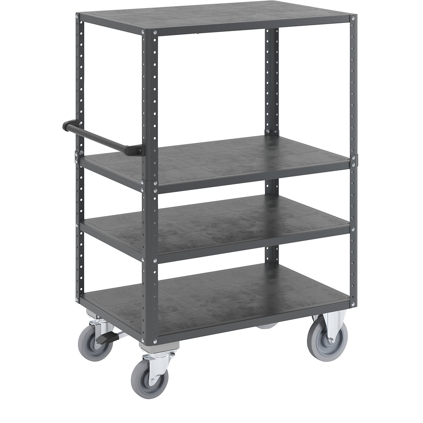 CustomLine shelf truck, open on 4 sides, 4 levels, with centre stop, charcoal RAL 7016.