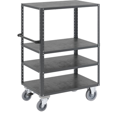 CustomLine shelf truck, open on 4 sides, 4 levels, with centre stop, charcoal RAL 7016.