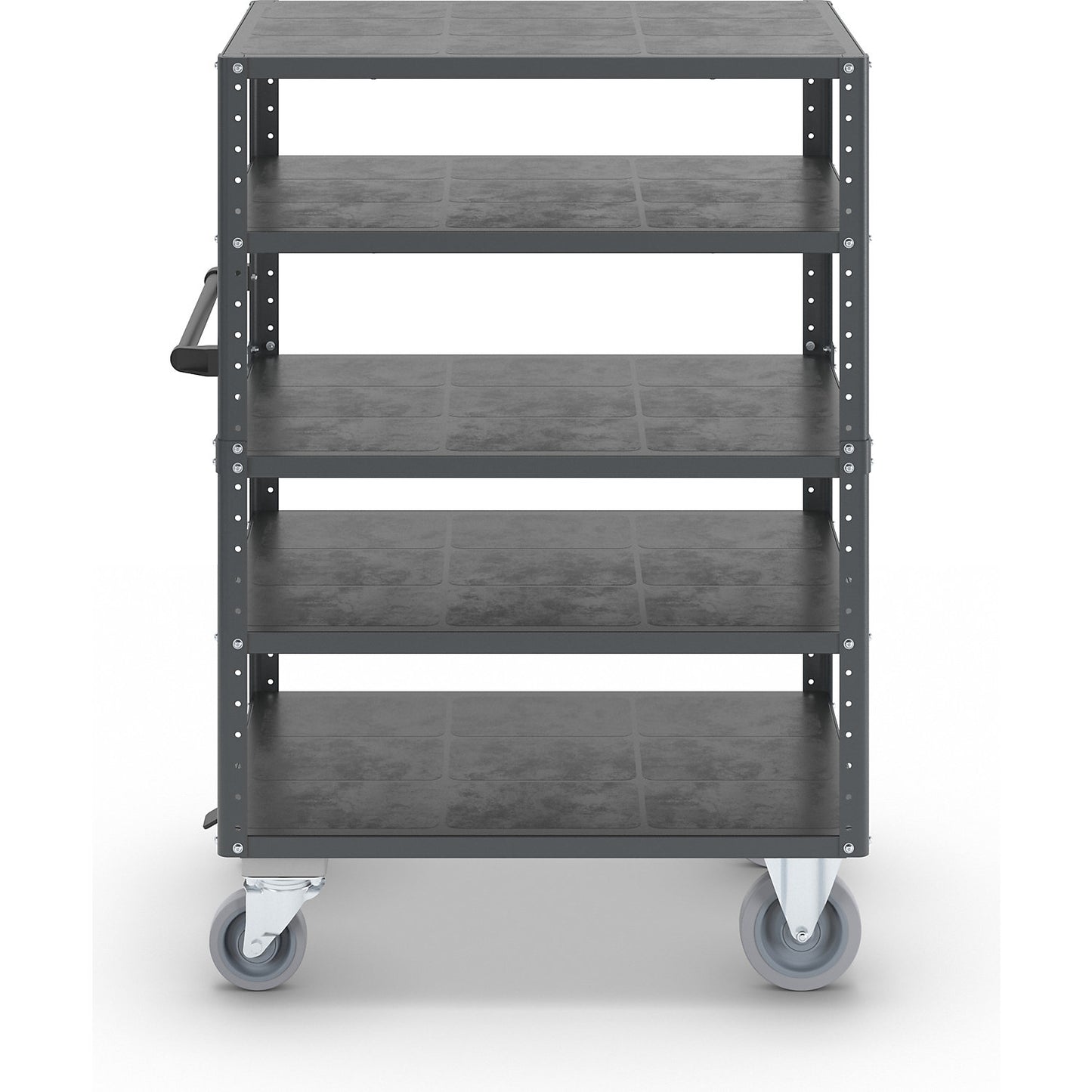 CustomLine shelf truck, open on 4 sides, 5 levels, with centre stop, charcoal RAL 7016.