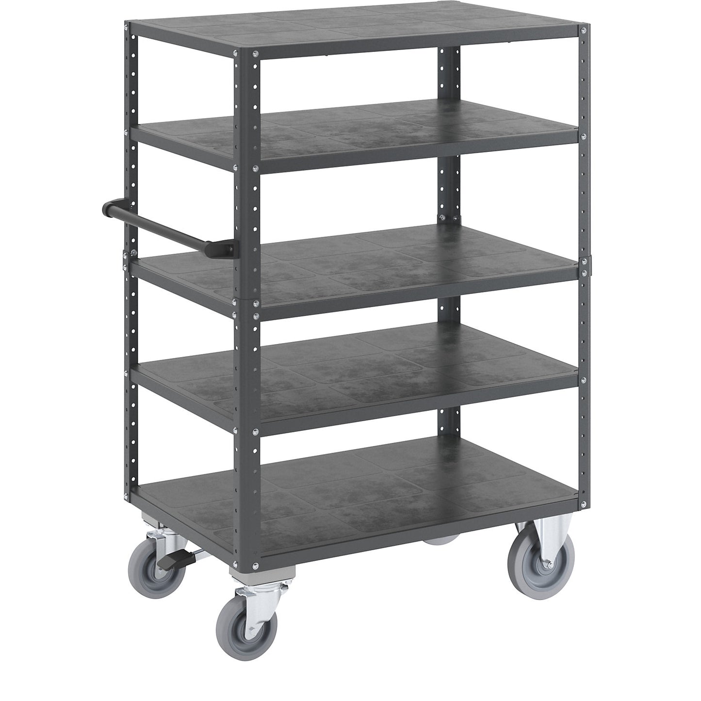 CustomLine shelf truck, open on 4 sides, 5 levels, with centre stop, charcoal RAL 7016.