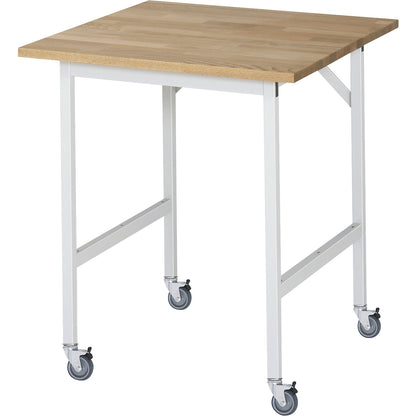 Work table, mobile, solid beech wood panel, thickness 25 mm, 30 x 30 mm, WxDxH 750 x 800 x 900 mm.
