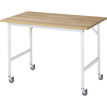 Work table, mobile, solid beech wood panel, thickness 25 mm, 30 x 30 mm, WxDxH 1250 x 800 x 900 mm.