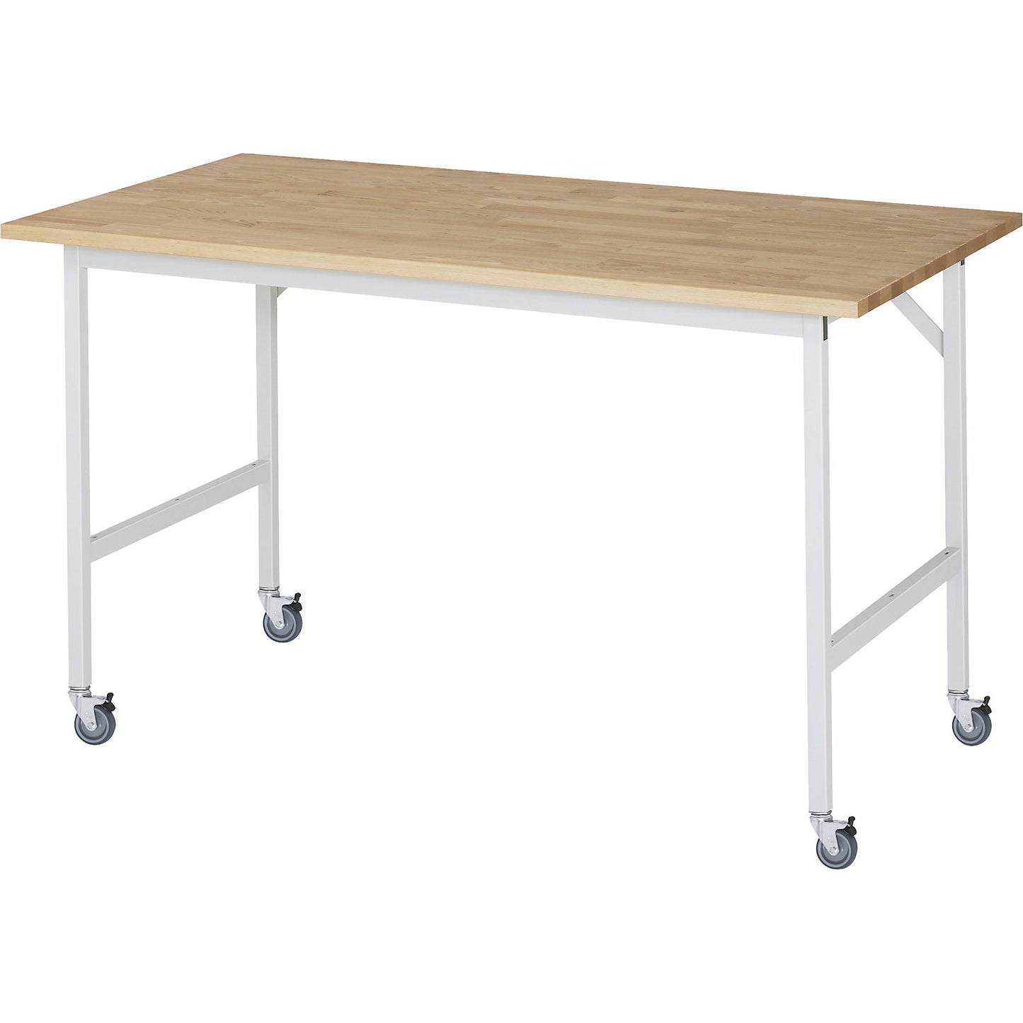 Work table, mobile, solid beech wood panel, thickness 25 mm, 30 x 30 mm, WxDxH 1500 x 800 x 900 mm.