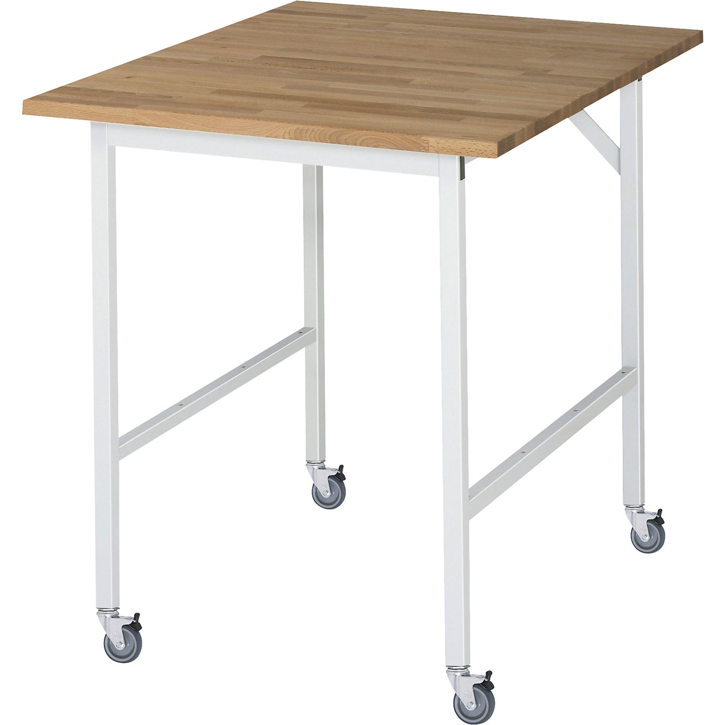 Work table, mobile, solid beech wood panel, thickness 25 mm, 30 x 30 mm, WxDxH 750 x 1000 x 900 mm.