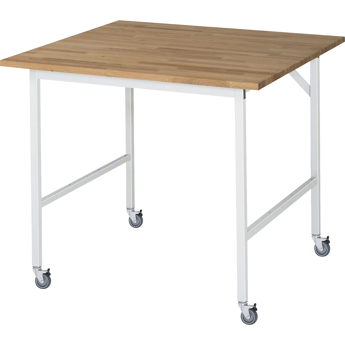 Work table, mobile, solid beech wood panel, thickness 25 mm, 30 x 30 mm, WxDxH 1000 x 1000 x 900 mm.