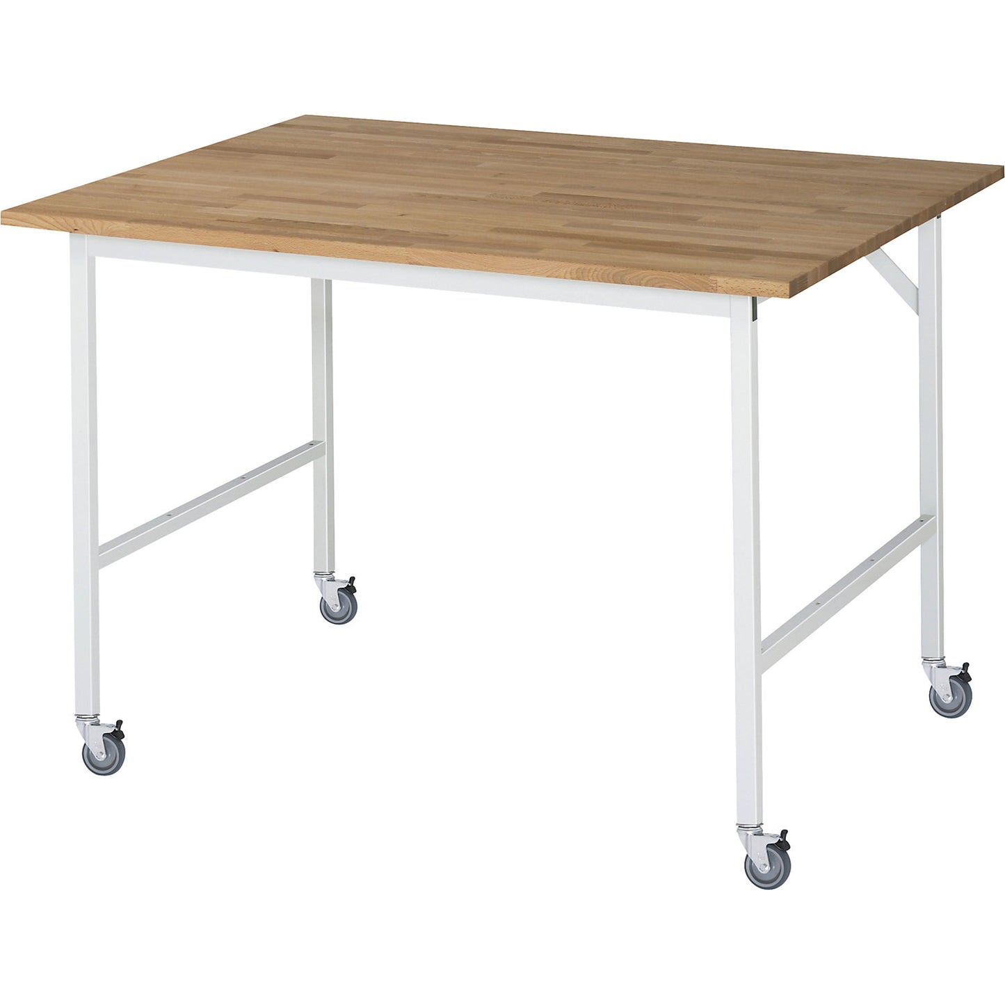 Work table, mobile, solid beech wood panel, thickness 25 mm, 30 x 30 mm, WxDxH 1250 x 1000 x 900 mm.