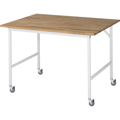 Work table, mobile, solid beech wood panel, thickness 25 mm, 30 x 30 mm, WxDxH 1250 x 1000 x 900 mm.