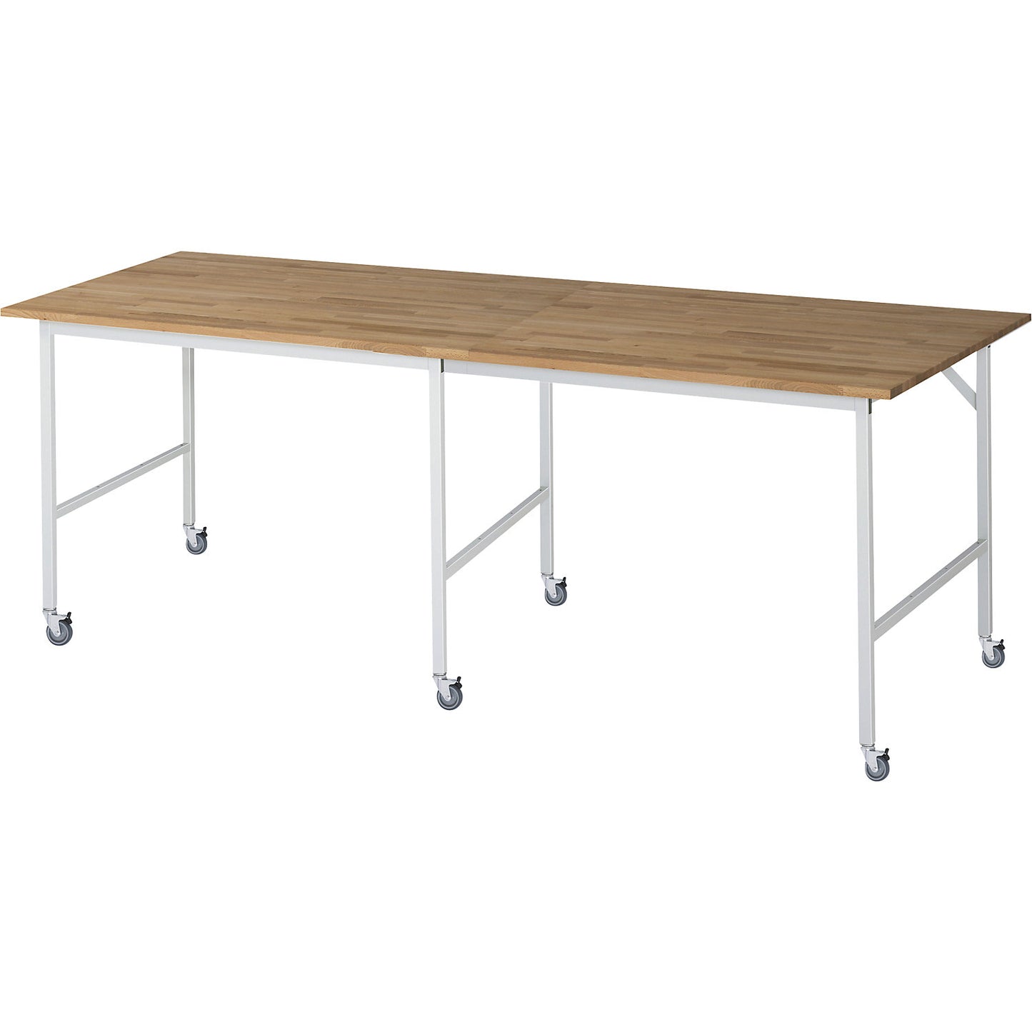 Work table, mobile, solid beech wood panel, thickness 25 mm, 30 x 30 mm, WxDxH 2500 x 1000 x 900 mm.