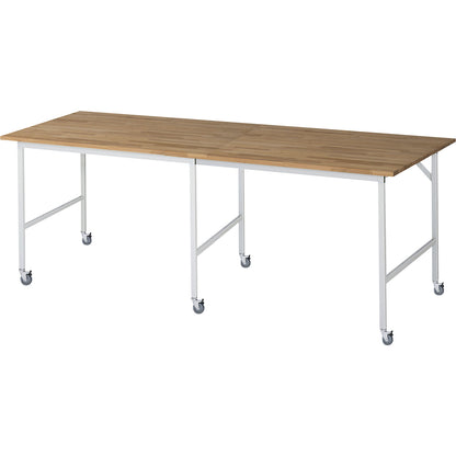 Work table, mobile, solid beech wood panel, thickness 25 mm, 30 x 30 mm, WxDxH 2500 x 1000 x 900 mm.