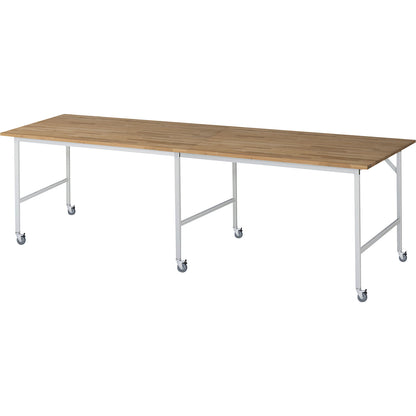 Work table, mobile, solid beech wood panel, thickness 25 mm, 30 x 30 mm, WxDxH 3000 x 1000 x 900 mm.