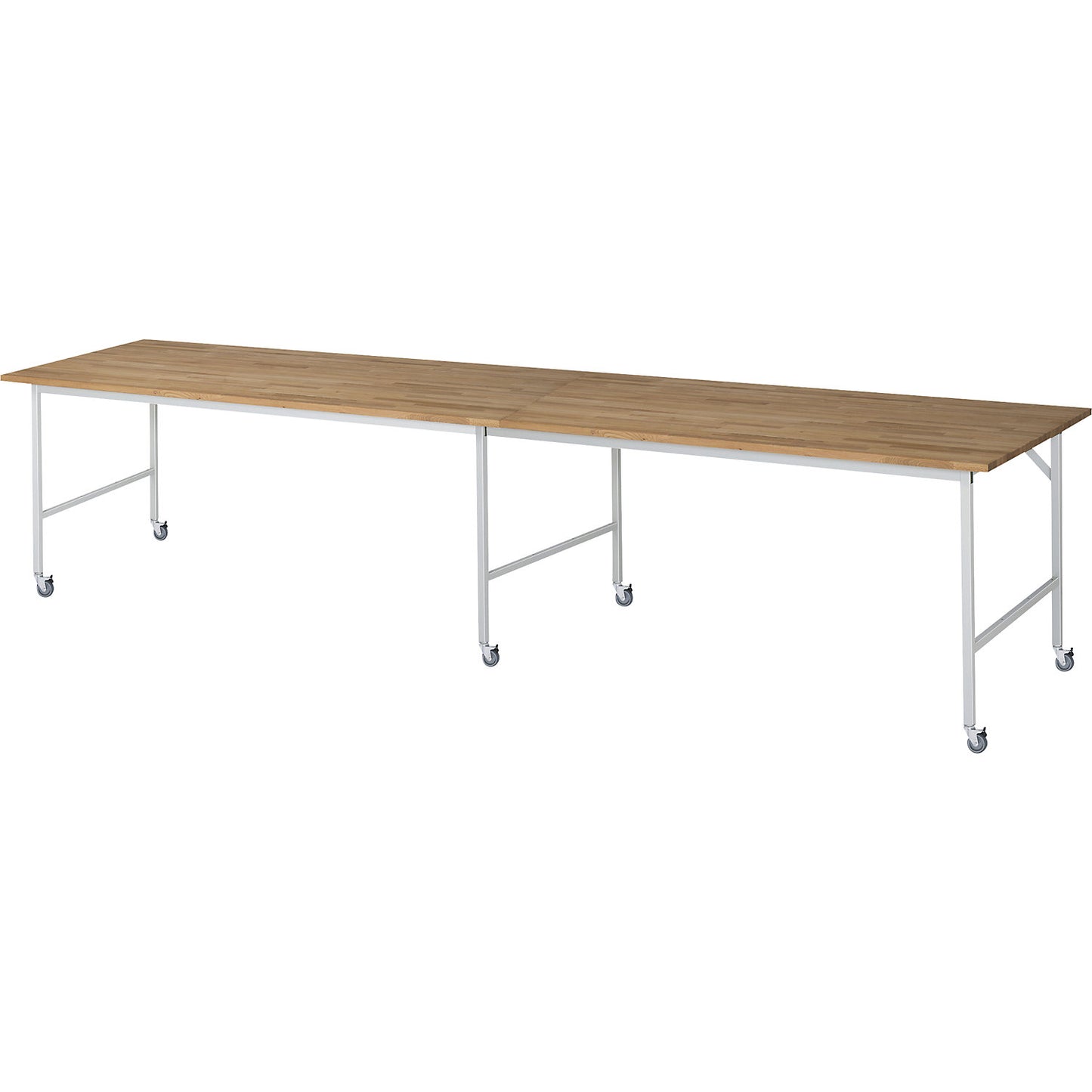 Work table, mobile, solid beech wood panel, thickness 25 mm, 30 x 30 mm, WxDxH 4000 x 1000 x 900 mm.