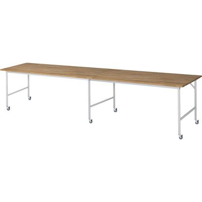 Work table, mobile, solid beech wood panel, thickness 25 mm, 30 x 30 mm, WxDxH 4000 x 1000 x 900 mm.