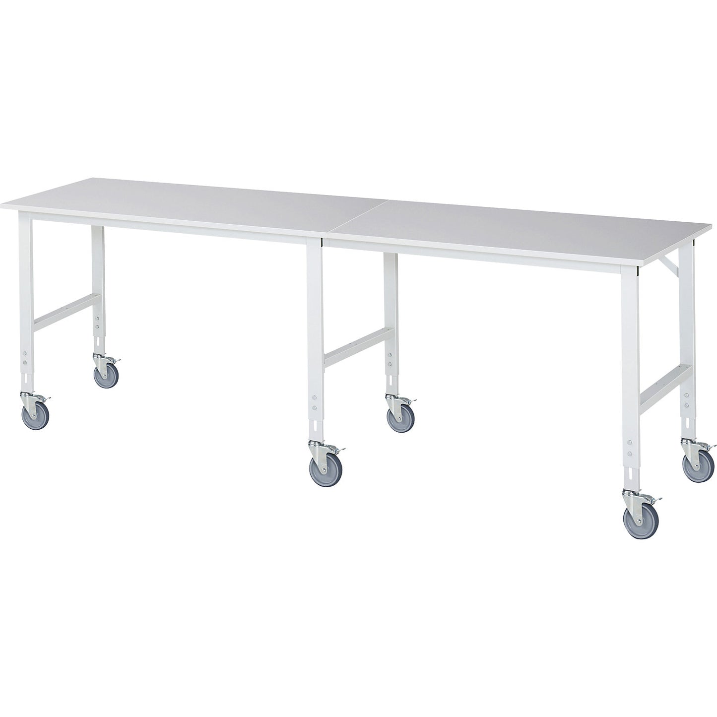 Work table, mobile, melamine panel, thickness 22 mm, 60 x 30 mm, WxDxH 3000 x 800 x 910 - 1230 mm.