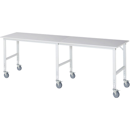Work table, mobile, melamine panel, thickness 22 mm, 60 x 30 mm, WxDxH 3000 x 800 x 910 - 1230 mm.