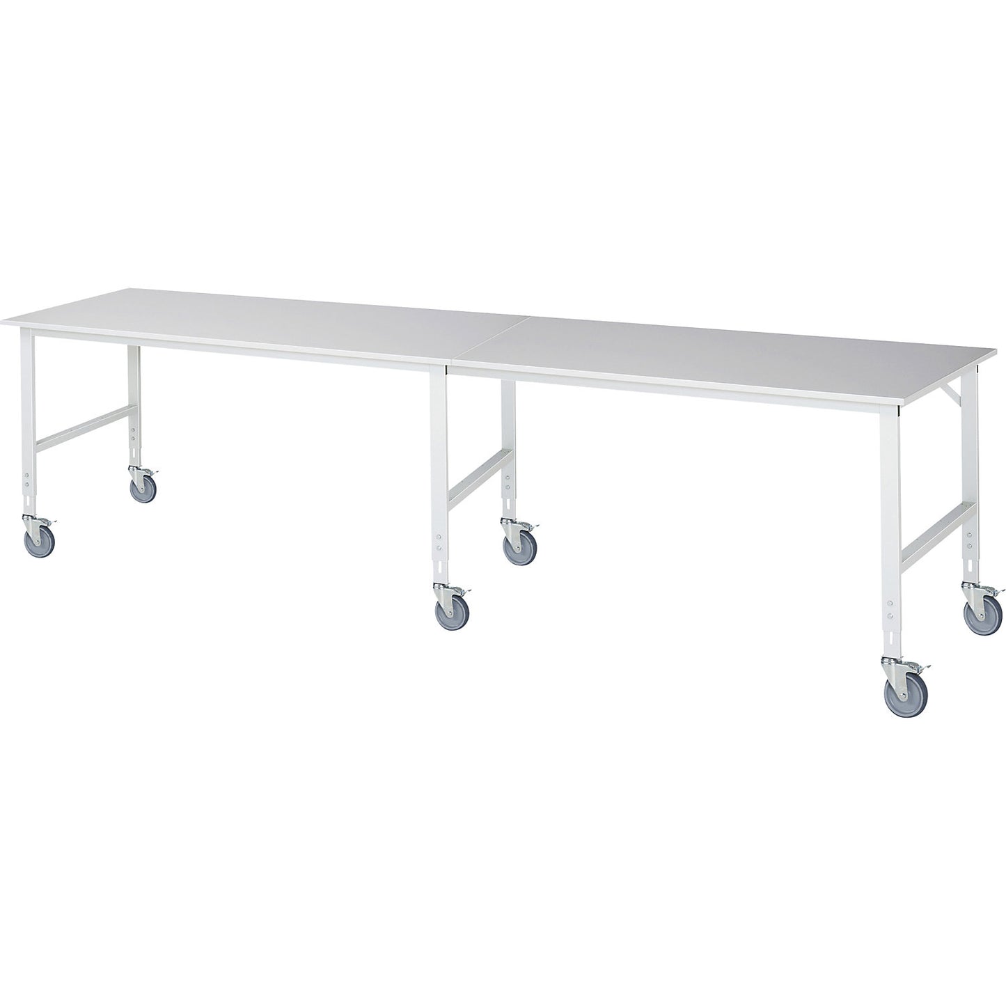 Work table, mobile, melamine panel, thickness 22 mm, 60 x 30 mm, WxDxH 4000 x 1000 x 910 - 1230 mm.