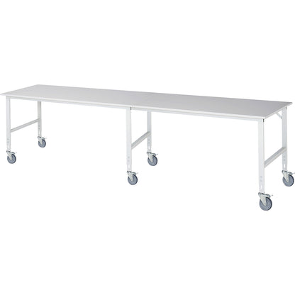 Work table, mobile, melamine panel, thickness 22 mm, 60 x 30 mm, WxDxH 4000 x 1000 x 910 - 1230 mm.