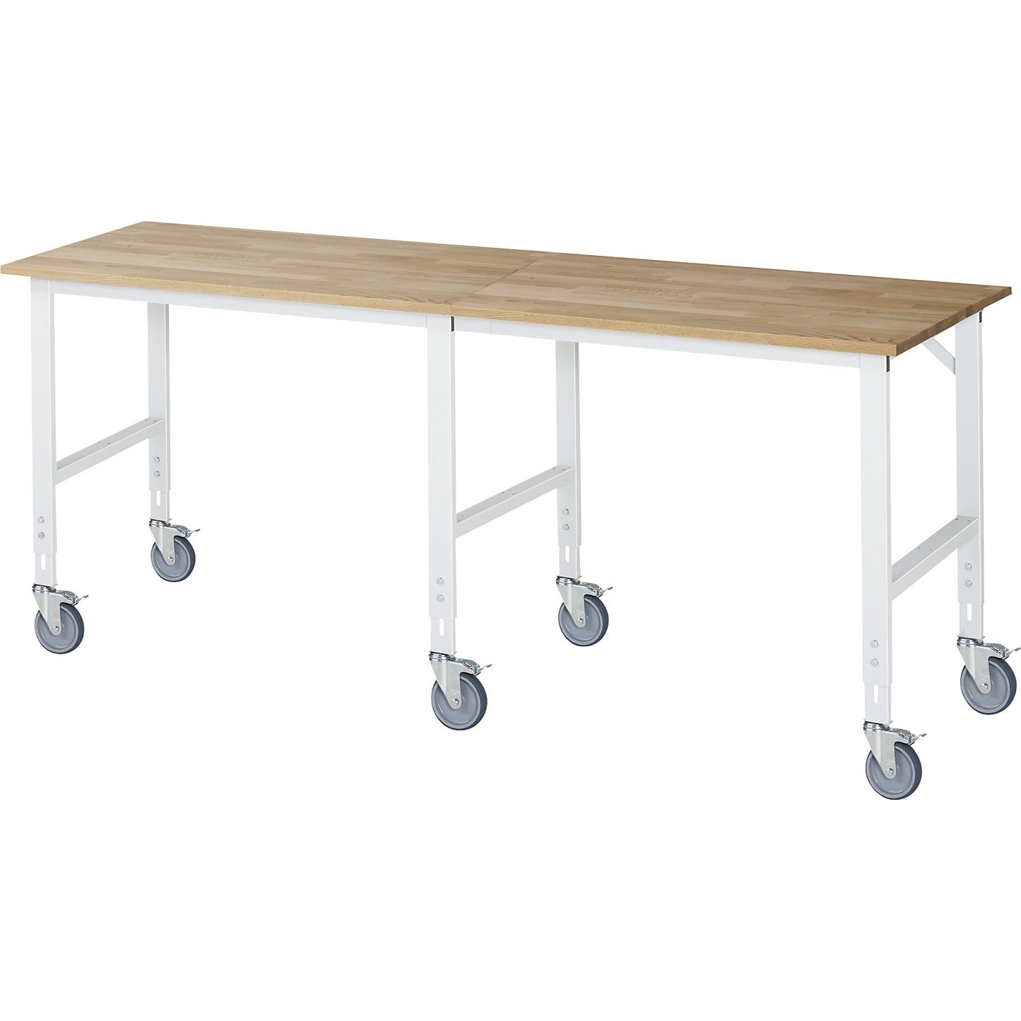 Work table, mobile, solid beech wood panel, thickness 25 mm, 60 x 30 mm, WxDxH 2500 x 800 x 910 - 1230 mm.
