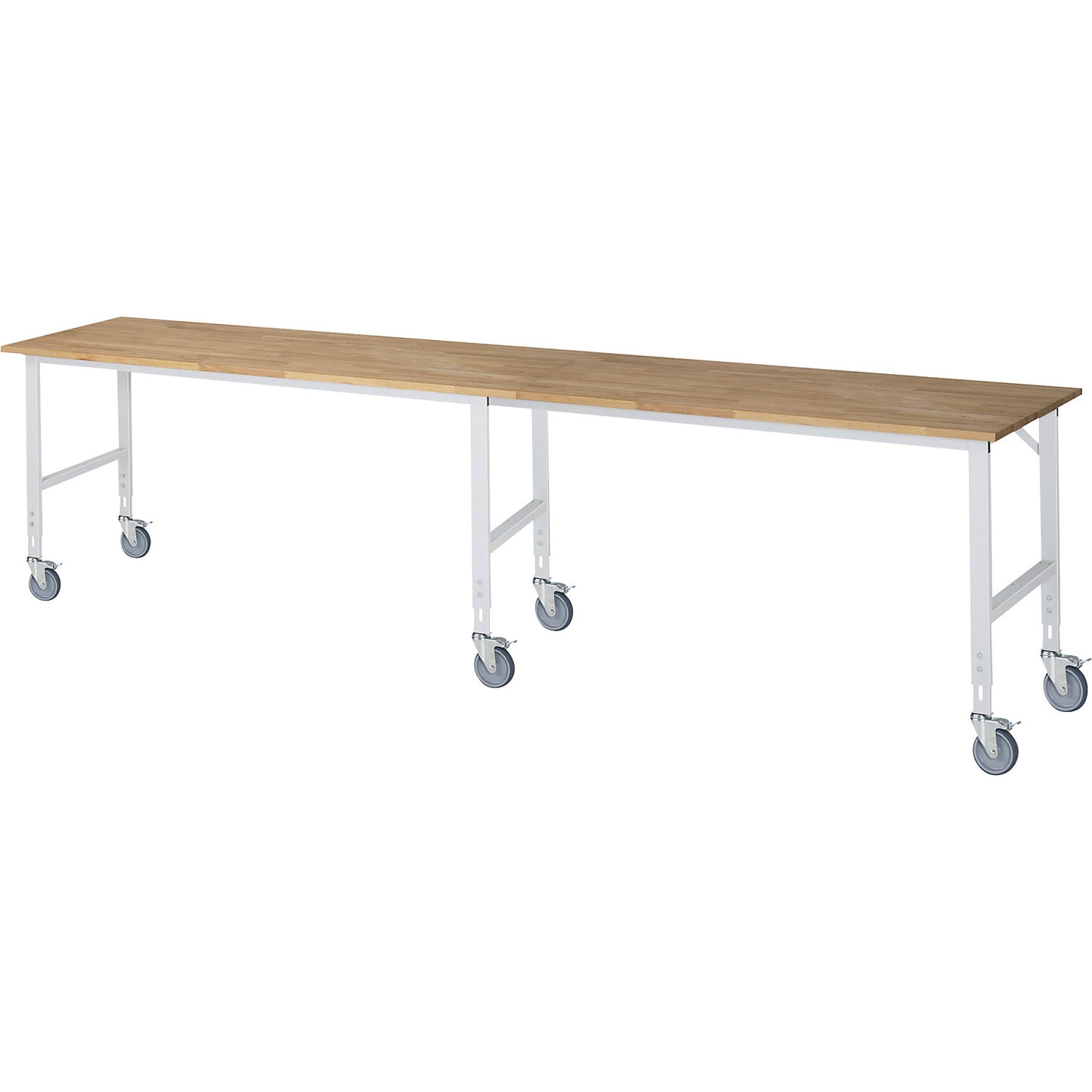Work table, mobile, solid beech wood panel, thickness 25 mm, 60 x 30 mm, WxDxH 4000 x 800 x 910 - 1230 mm.
