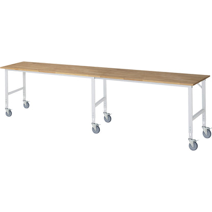 Work table, mobile, solid beech wood panel, thickness 25 mm, 60 x 30 mm, WxDxH 4000 x 800 x 910 - 1230 mm.