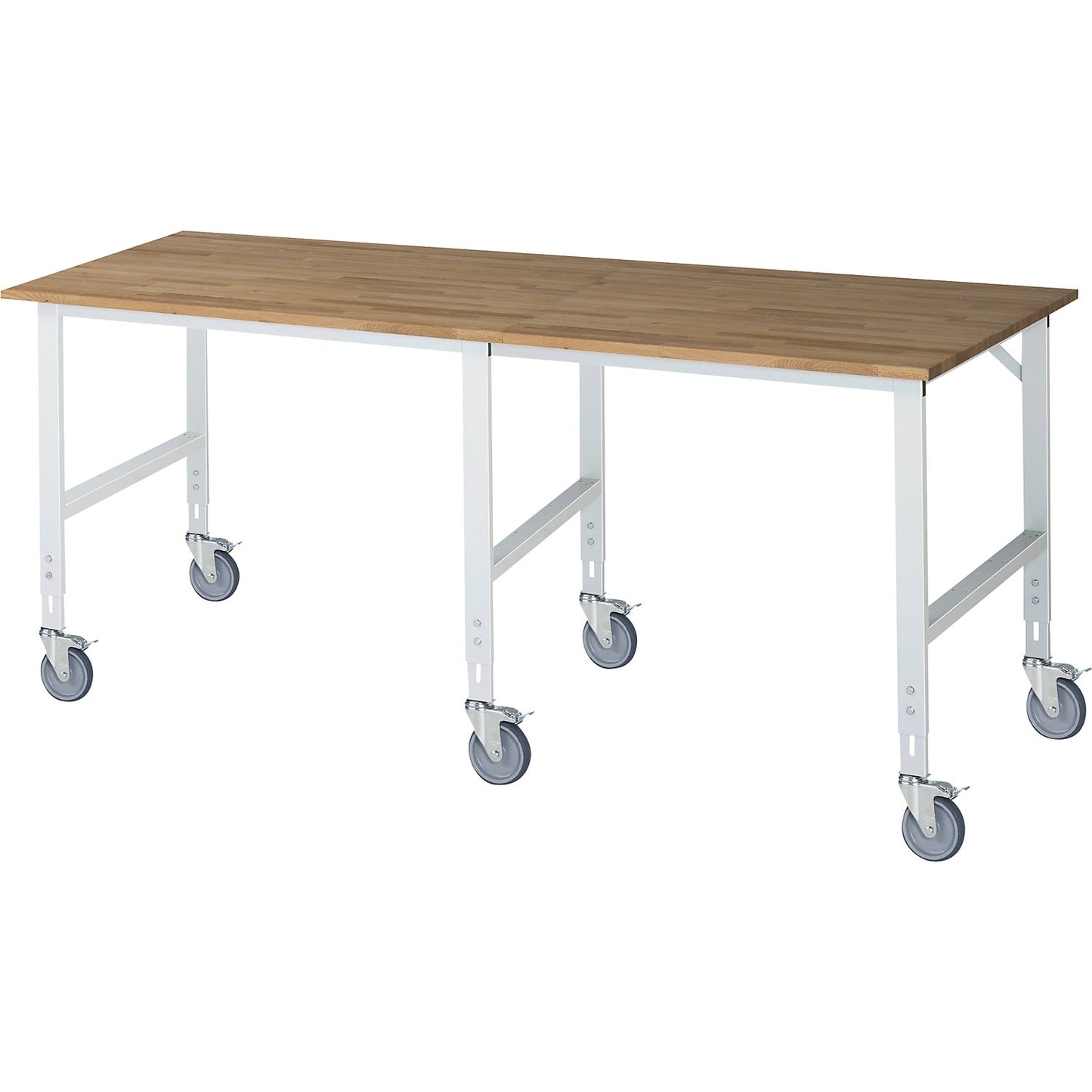 Work table, mobile, solid beech wood panel, thickness 25 mm, 60 x 30 mm, WxDxH 2500 x 1000 x 910 - 1230 mm.