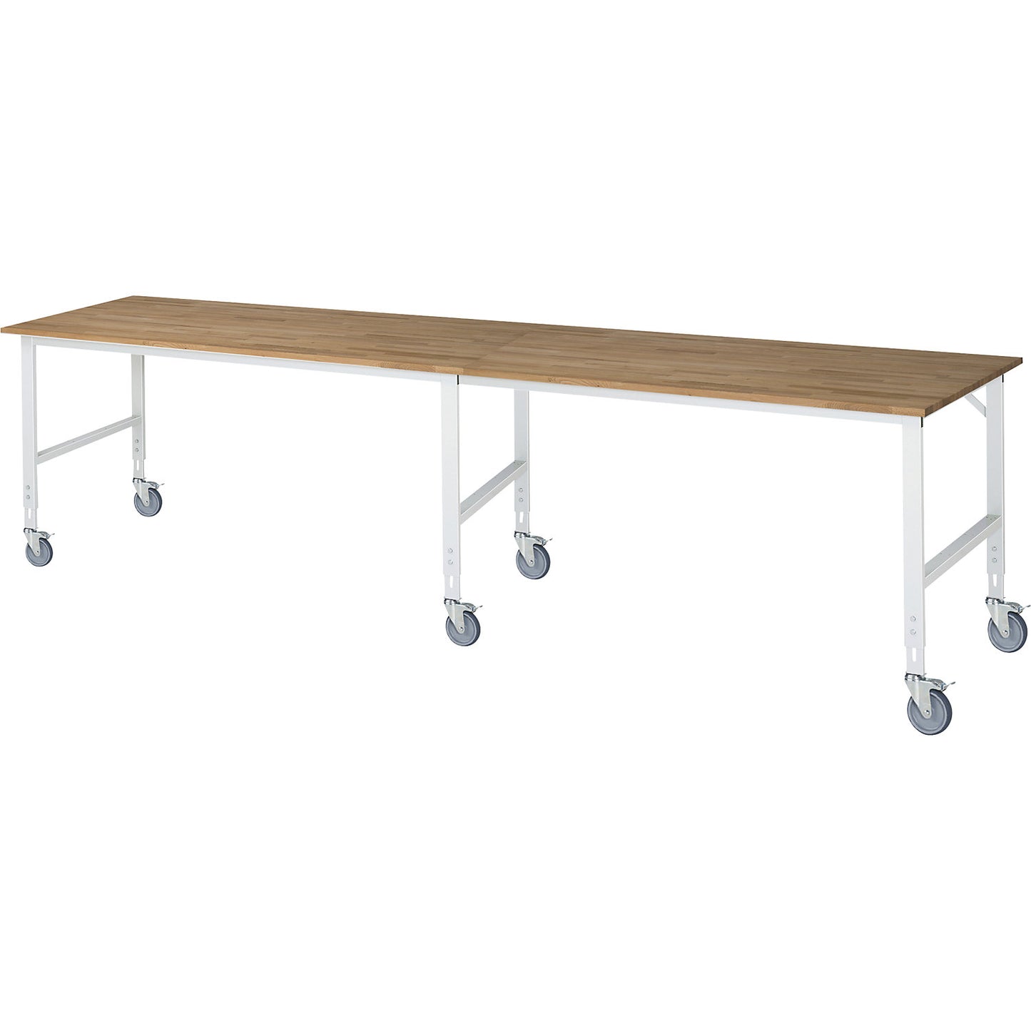 Work table, mobile, solid beech wood panel, thickness 25 mm, 60 x 30 mm, WxDxH 4000 x 1000 x 910 - 1230 mm.