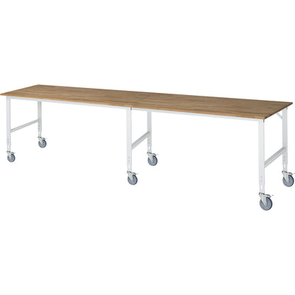 Work table, mobile, solid beech wood panel, thickness 25 mm, 60 x 30 mm, WxDxH 4000 x 1000 x 910 - 1230 mm.