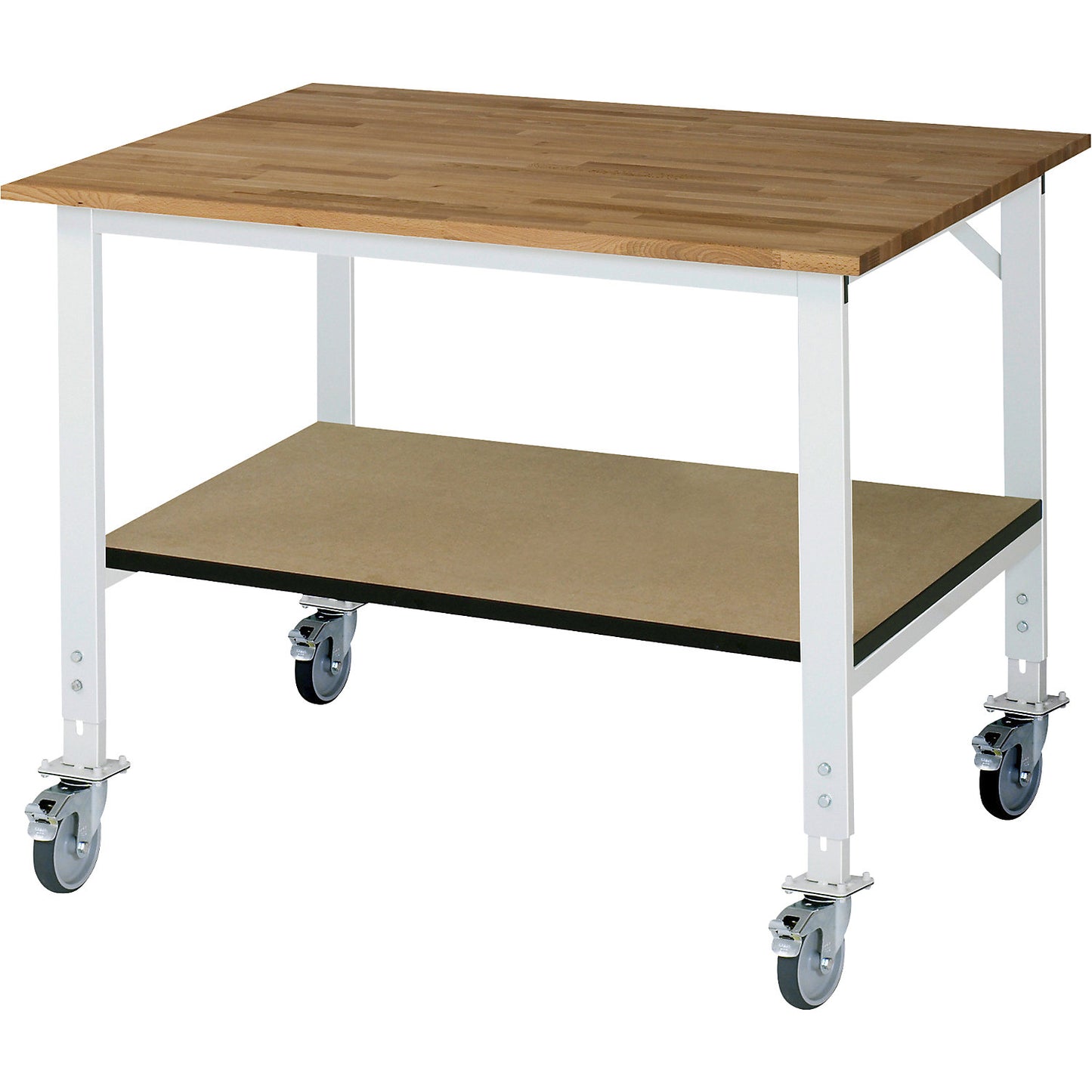 Work table with shelf, mobile, beech panel, thickness 25 mm, WxD 1250 x 1000 mm.