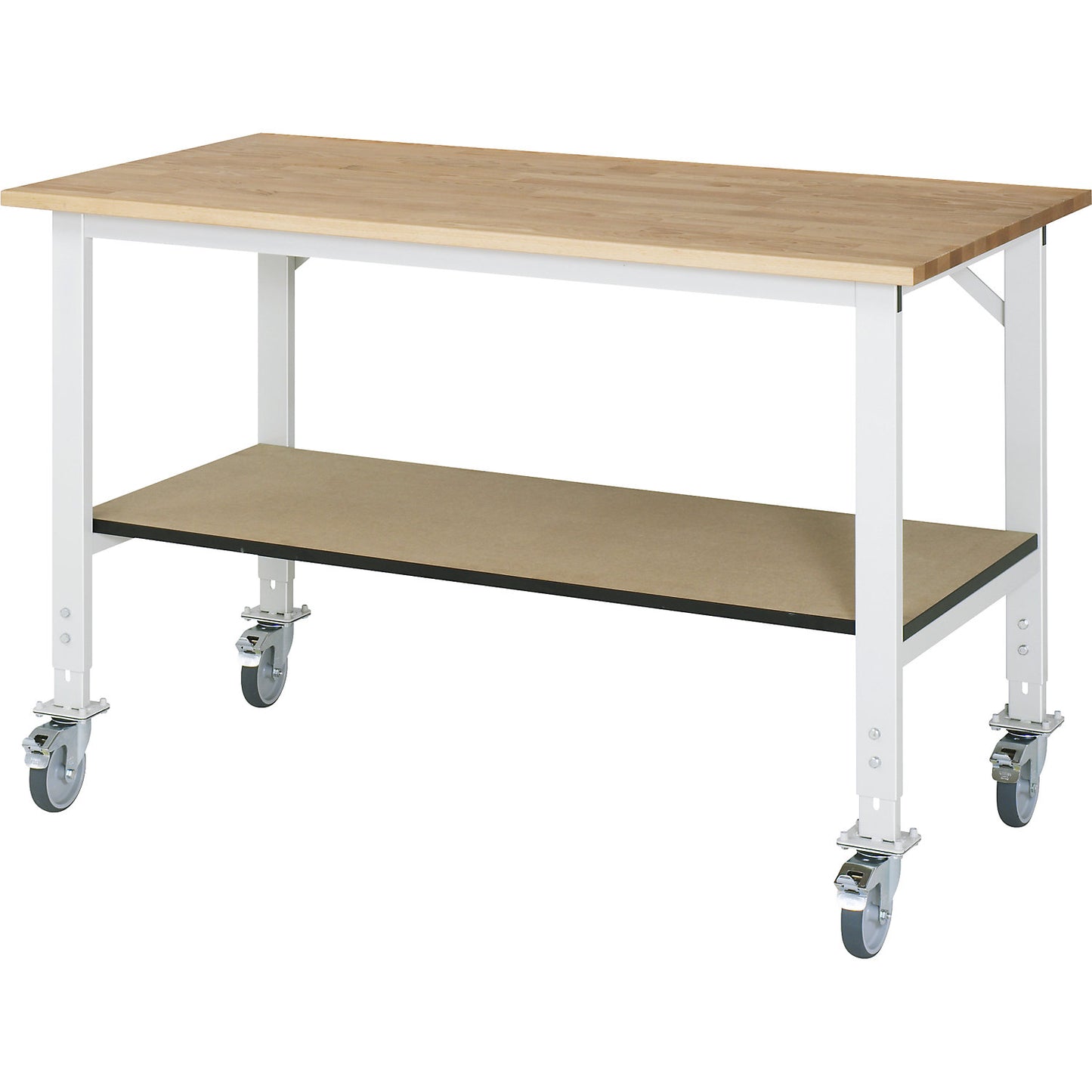Work table with shelf, mobile, beech panel, thickness 25 mm, WxD 1500 x 800 mm.