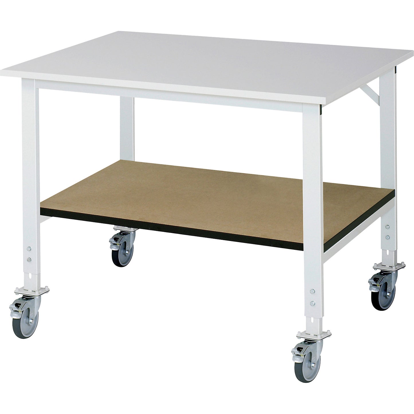 Work table with shelf, mobile, melamine coated worktop, 22 mm thick, WxD 1250 x 1000 mm.