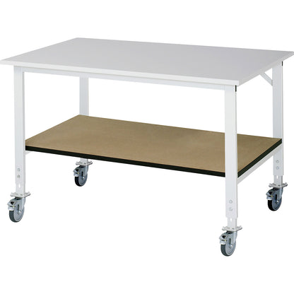 Work table with shelf, mobile, melamine coated worktop, 22 mm thick, WxD 1500 x 1000 mm.