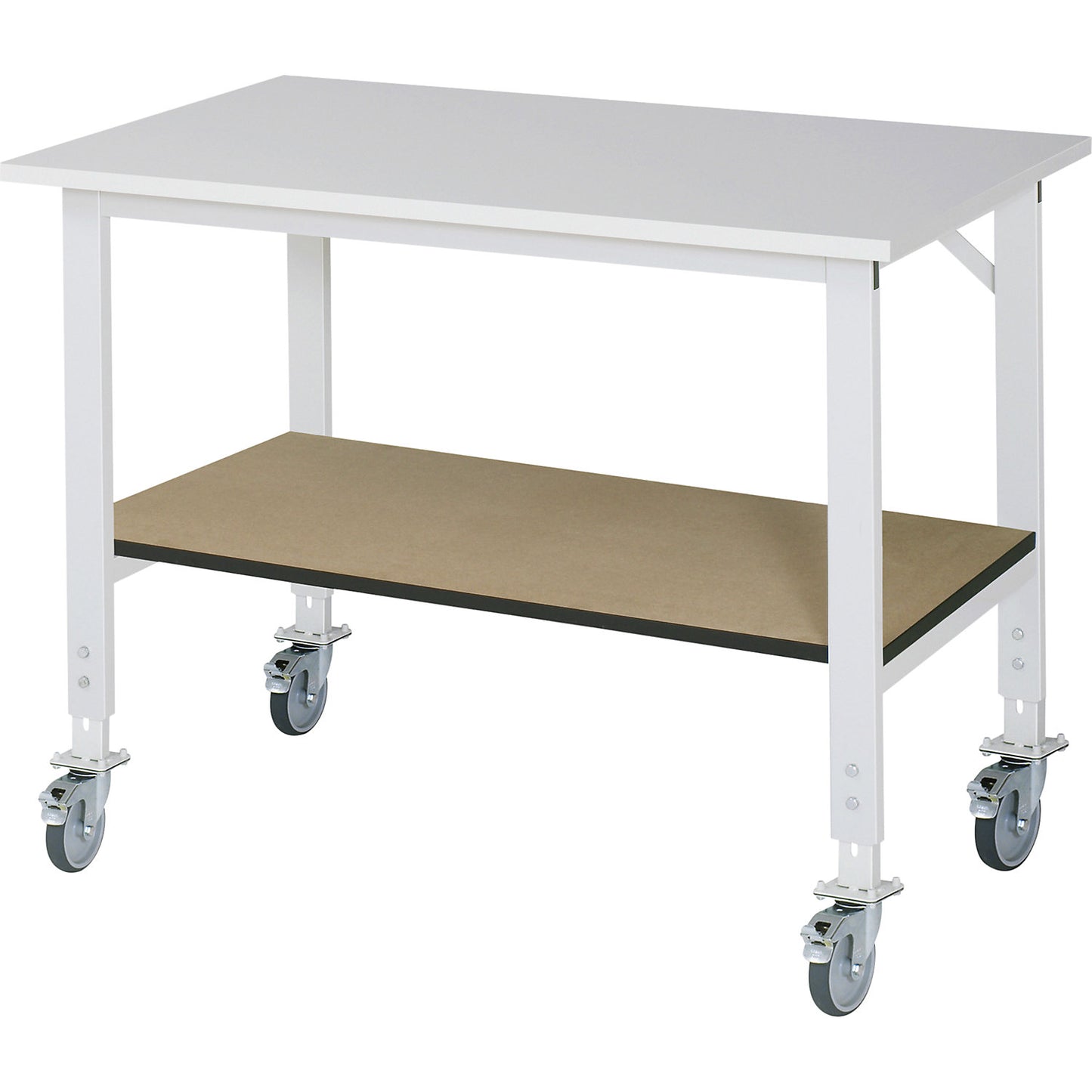 Work table with shelf, mobile, melamine coated worktop, 22 mm thick, WxD 1250 x 800 mm.