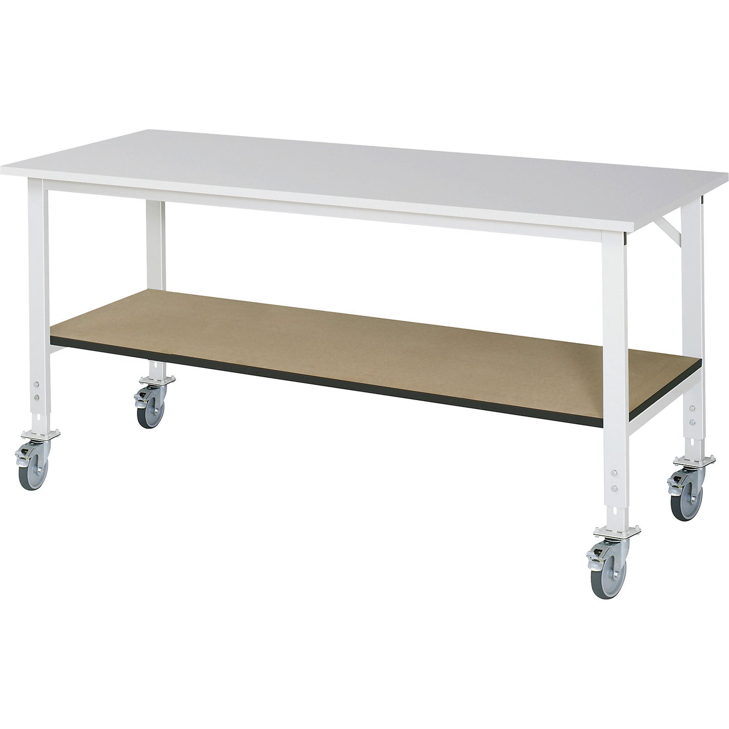 Work table with shelf, mobile, melamine coated worktop, 22 mm thick, WxD 2000 x 800 mm.
