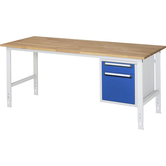 Work table with drawer cupboard, base container with 2 drawers 1 x 120, 1 x 360 mm, WxD 2000 x 800 mm, solid beech wood panel, thickness 25 mm.