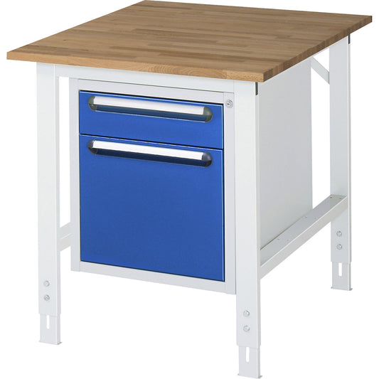 Work table with drawer cupboard, base container with 2 drawers 1 x 120, 1 x 360 mm, WxD 750 x 1000 mm, solid beech wood panel, thickness 25 mm.